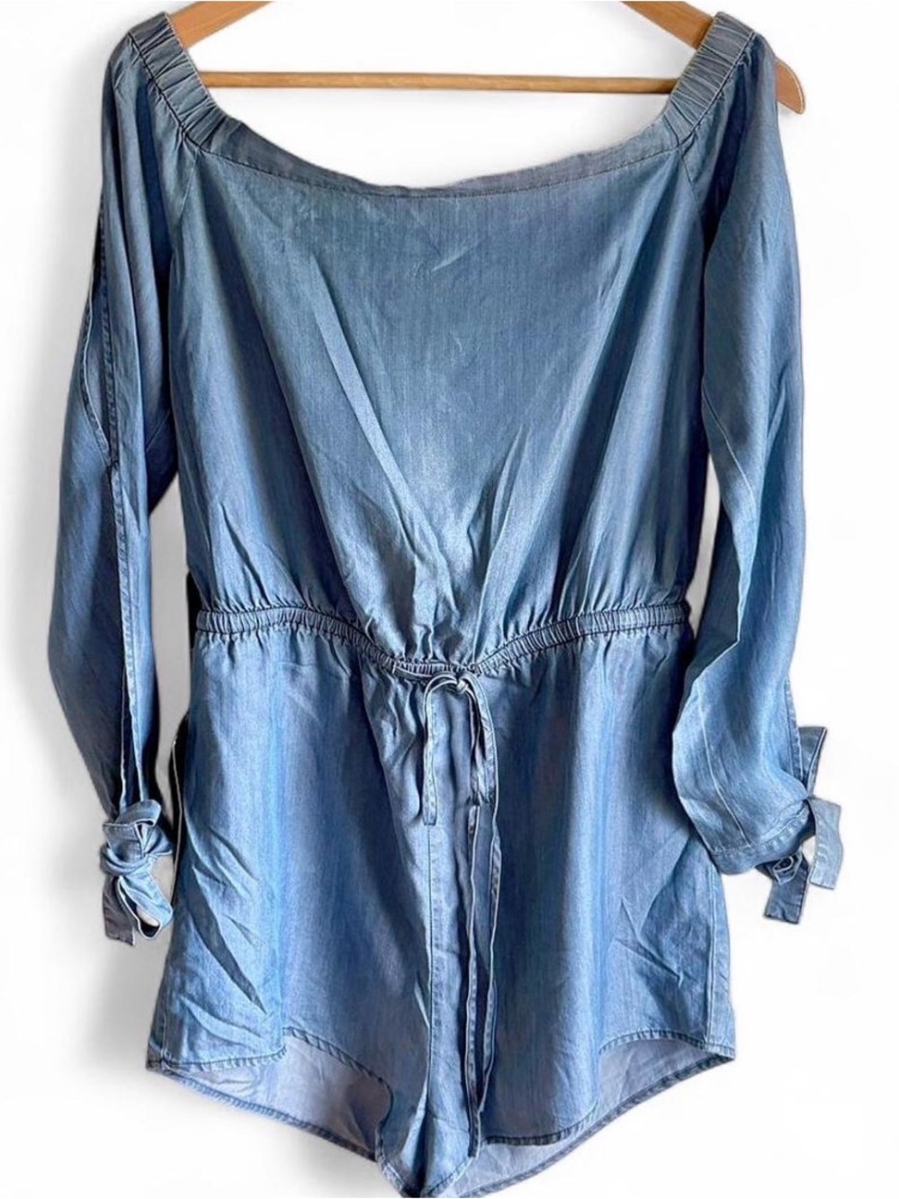 NWT Bebe Light Blue Denim Off-Shoulder Tie-Waist Romper